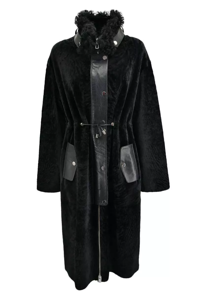 Płaszcz kożuchowy damski Shearling ze skóry jagnięcej z kołnierzem - VO-03 Czarny