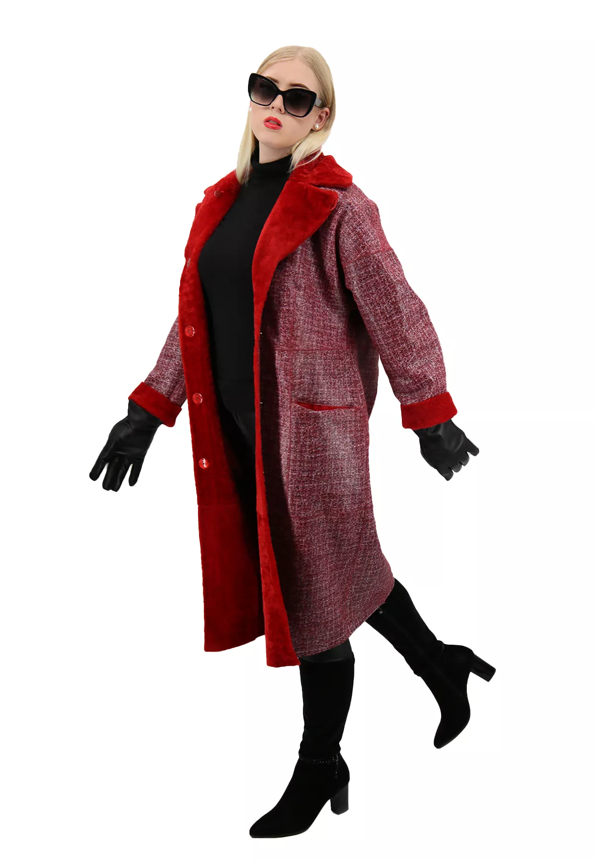 Dwustronny płaszcz kożuchowy z paskiem Shearling VO-02 Czerwony
