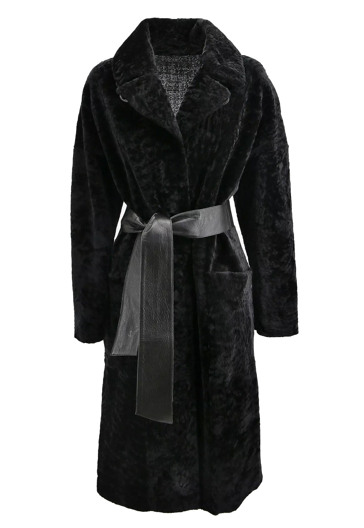 Dwustronny płaszcz kożuchowy z paskiem Shearling - VO-02 Czarny