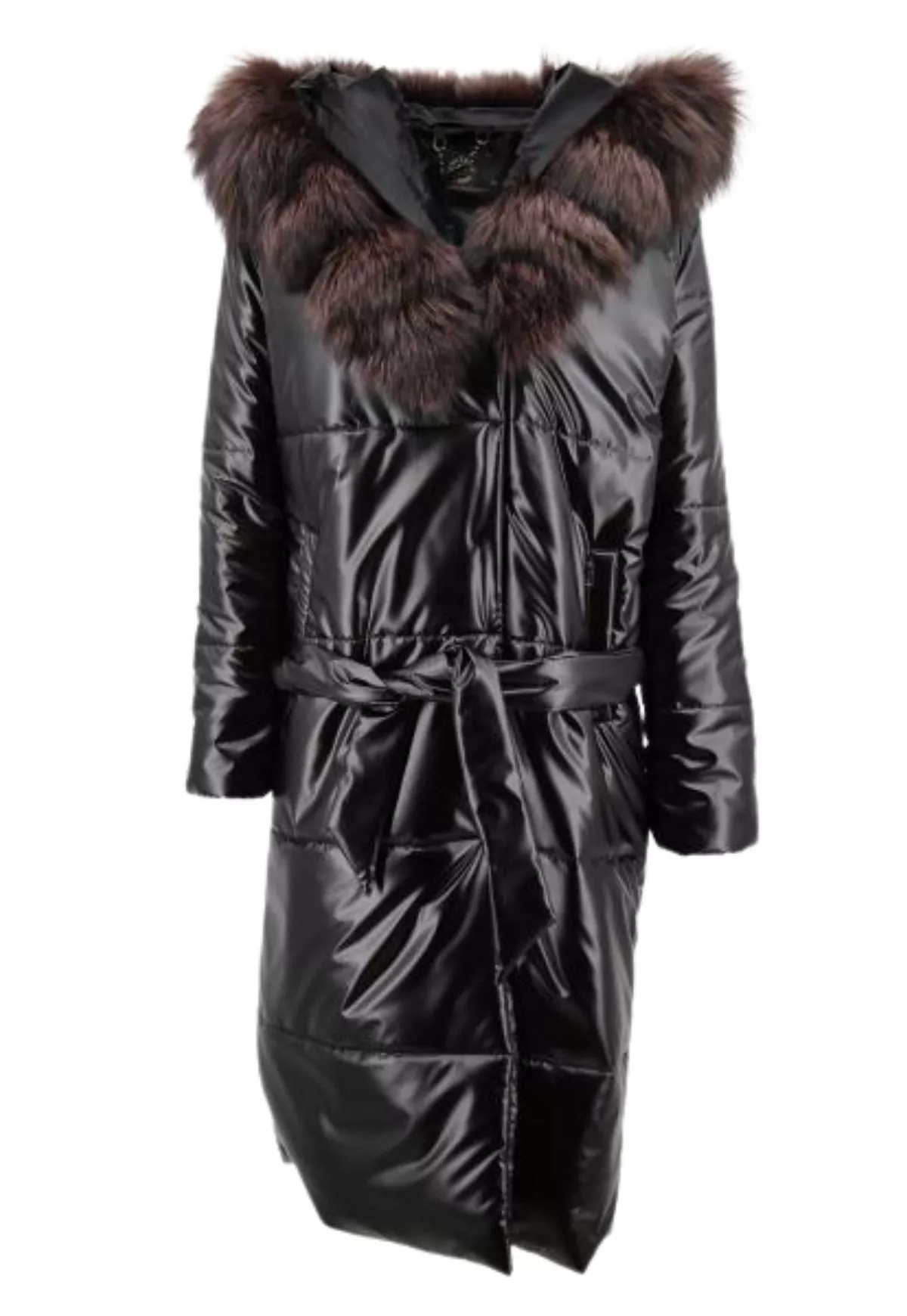 Puchowy płaszcz zimowy z futrzanym kapturem - SIRENA Czarny