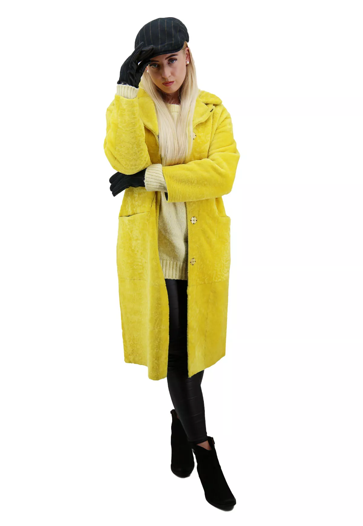 Dwustronny płaszcz kożuchowy ze skóry jagnięcej - VO577 Żółty