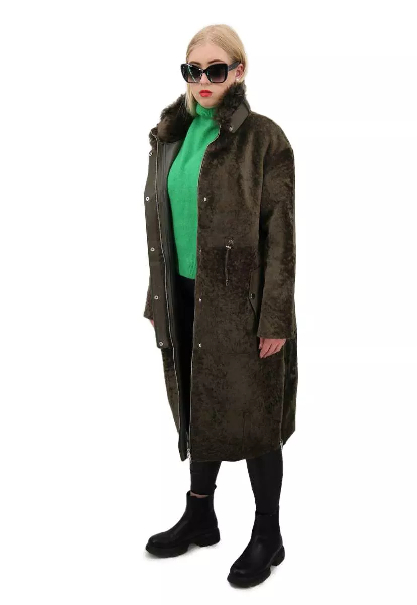 Płaszcz damski kożuchowy Shearling ze skóry jagnięcej z kapturem - VO-03 Zielony