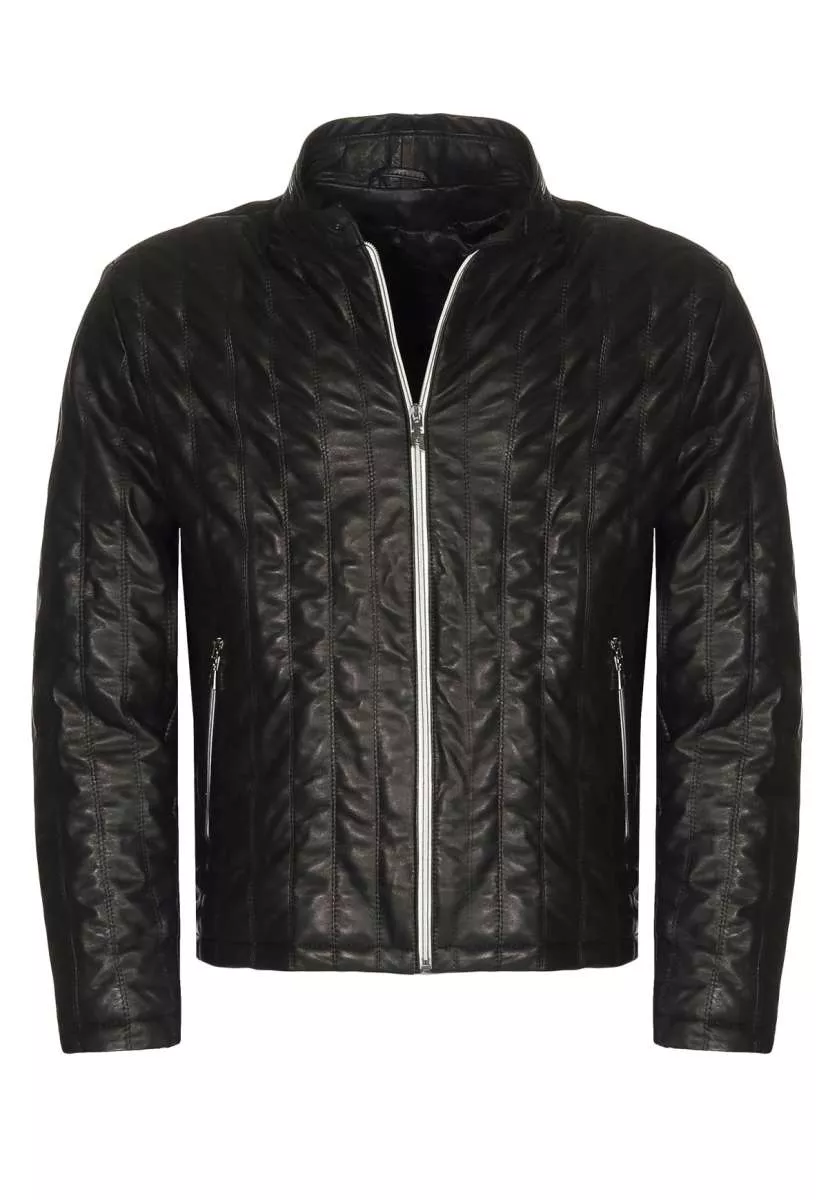Pikowana kurtka skórzana z kontrastującym zamkiem - ARMANO BLACK/WHITE