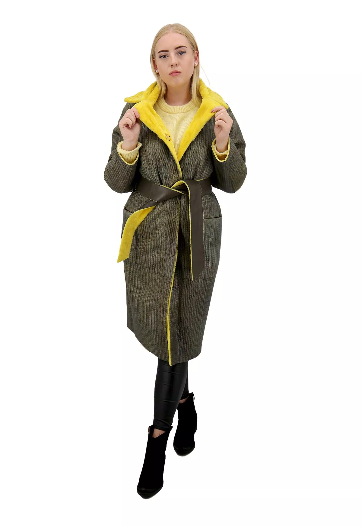 Dwustronny płaszcz kożuchowy ze skóry jagnięcej - VO577 Żółty