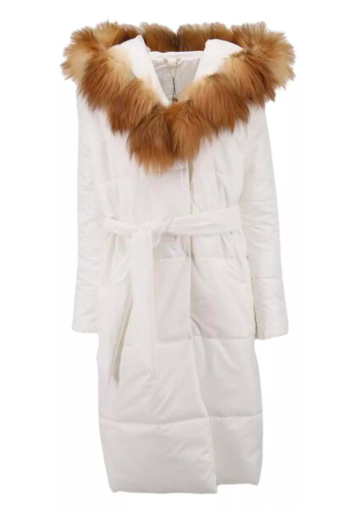 Puchowy płaszcz zimowy z futrzanym kapturem - SIRENA Biały